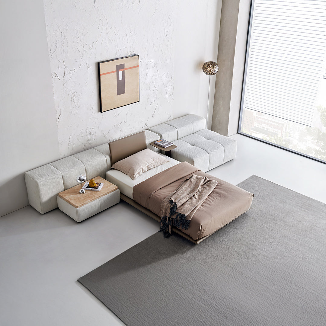BEACON Puzzle Suspended Single Bed Base with Backrest, modern bedstead with sleek design and sturdy construction.