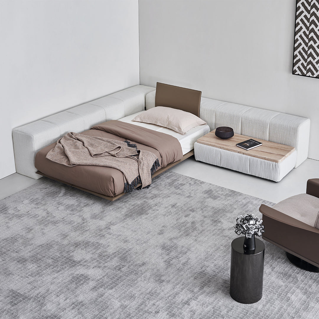 Puzzle suspended single bed base with backrest by BEACON, showcasing sleek bedstead design and modern construction.