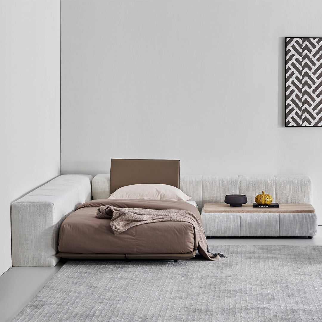 BEACON Puzzle Suspended Single Bed Base with Backrest, modern bedstead design, sturdy frame, and attached backrest.