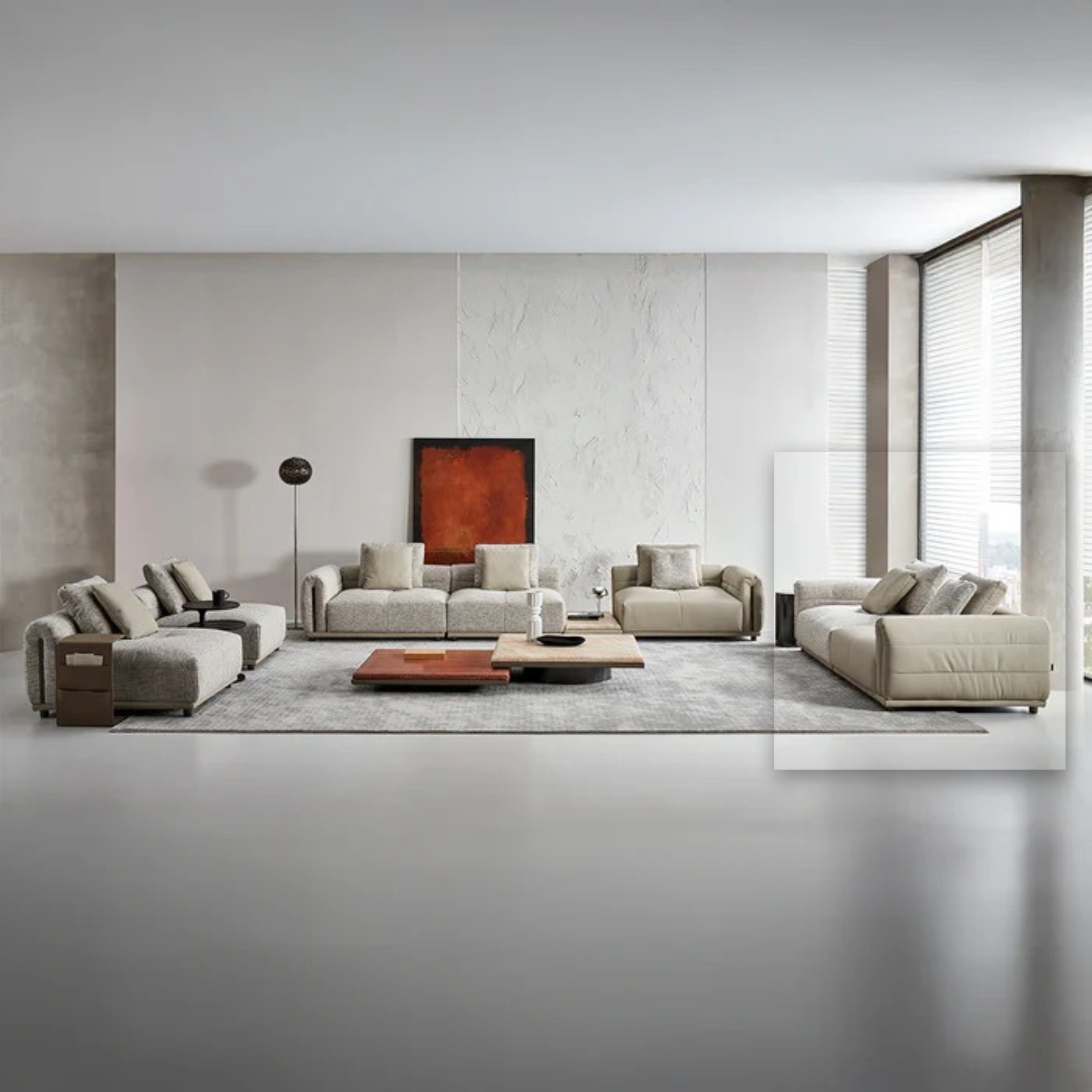 BEACON Quadro 2-seater sofa in neutral fabric with plush cushions, modern design, and wooden legs.