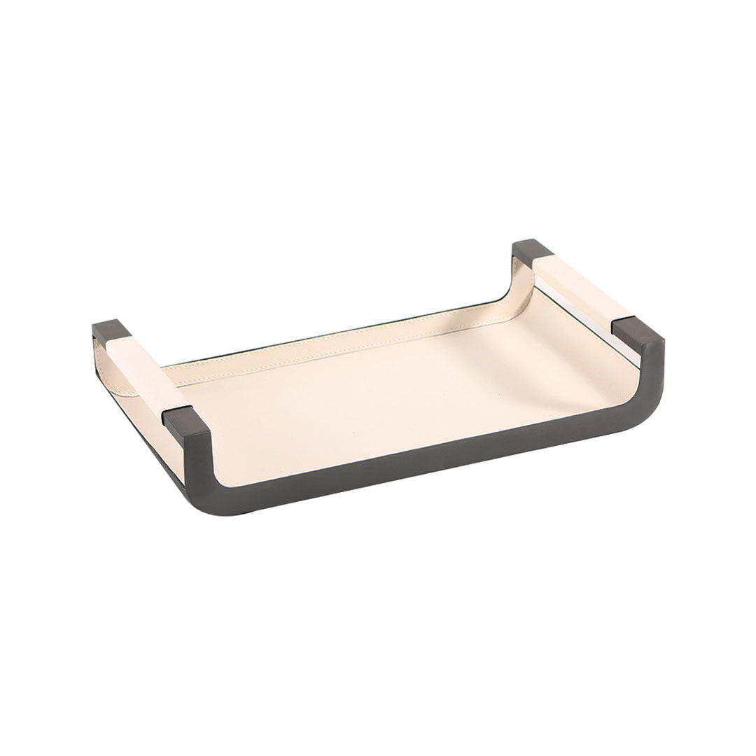 Rectangular leather tray in beige with stitched edges, ideal for home decor or organizing small items, by BEACON.