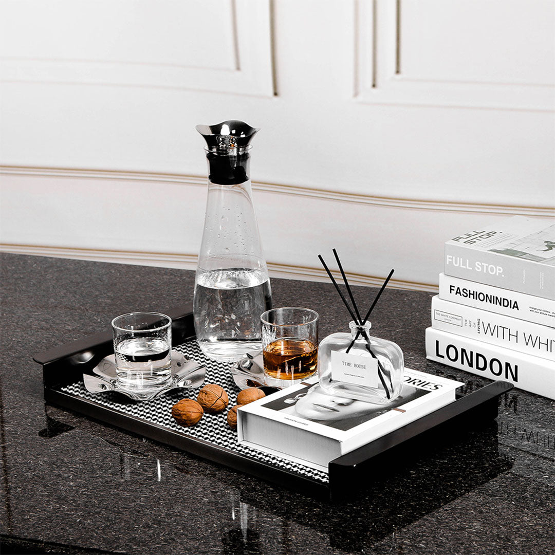 Rectangular Weaven leather tray from BEACON for home decor, featuring a stylish textured leather surface and modern design.