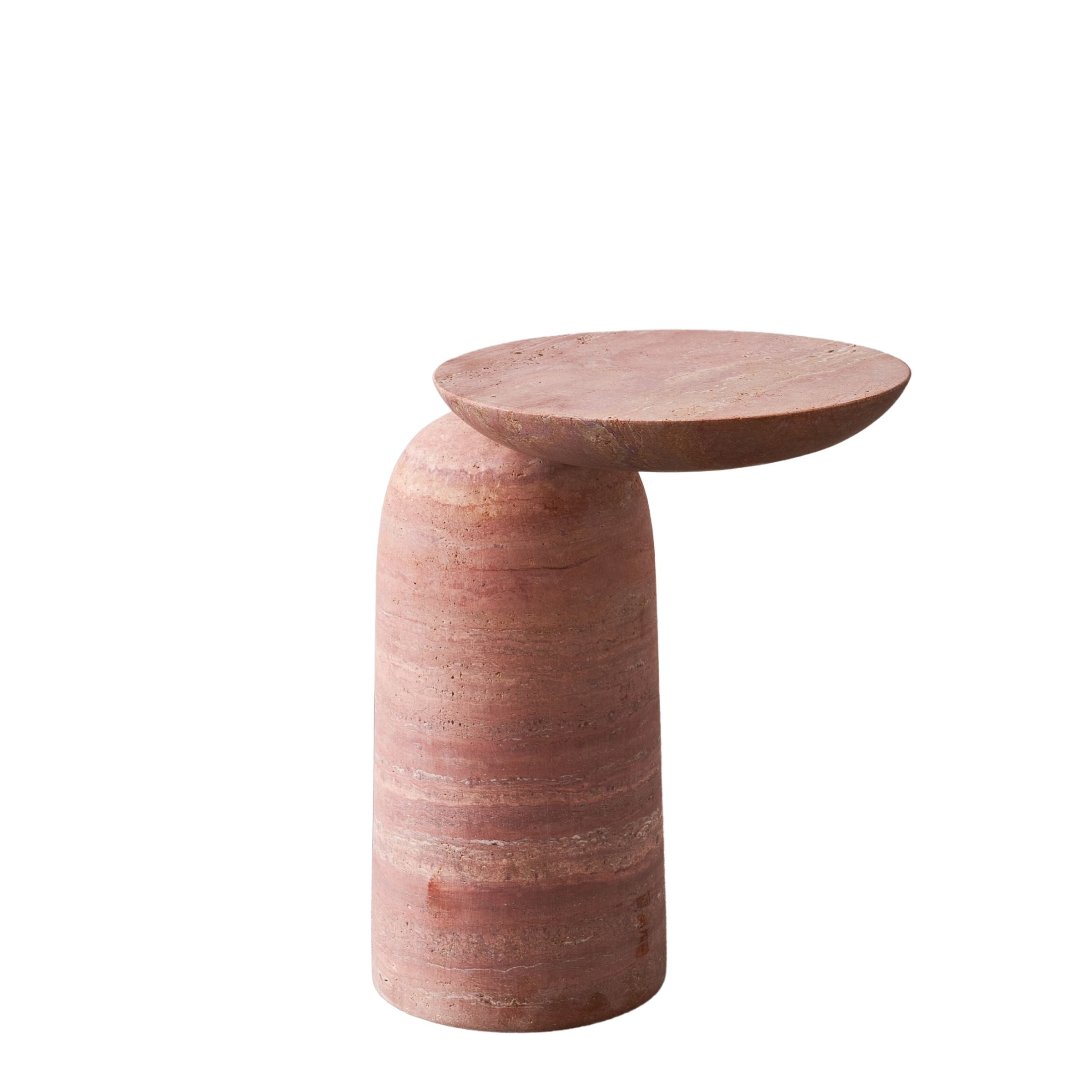 Red travertine coffee table by BEACON, modern design with a smooth, polished surface and sturdy base for living room decor.