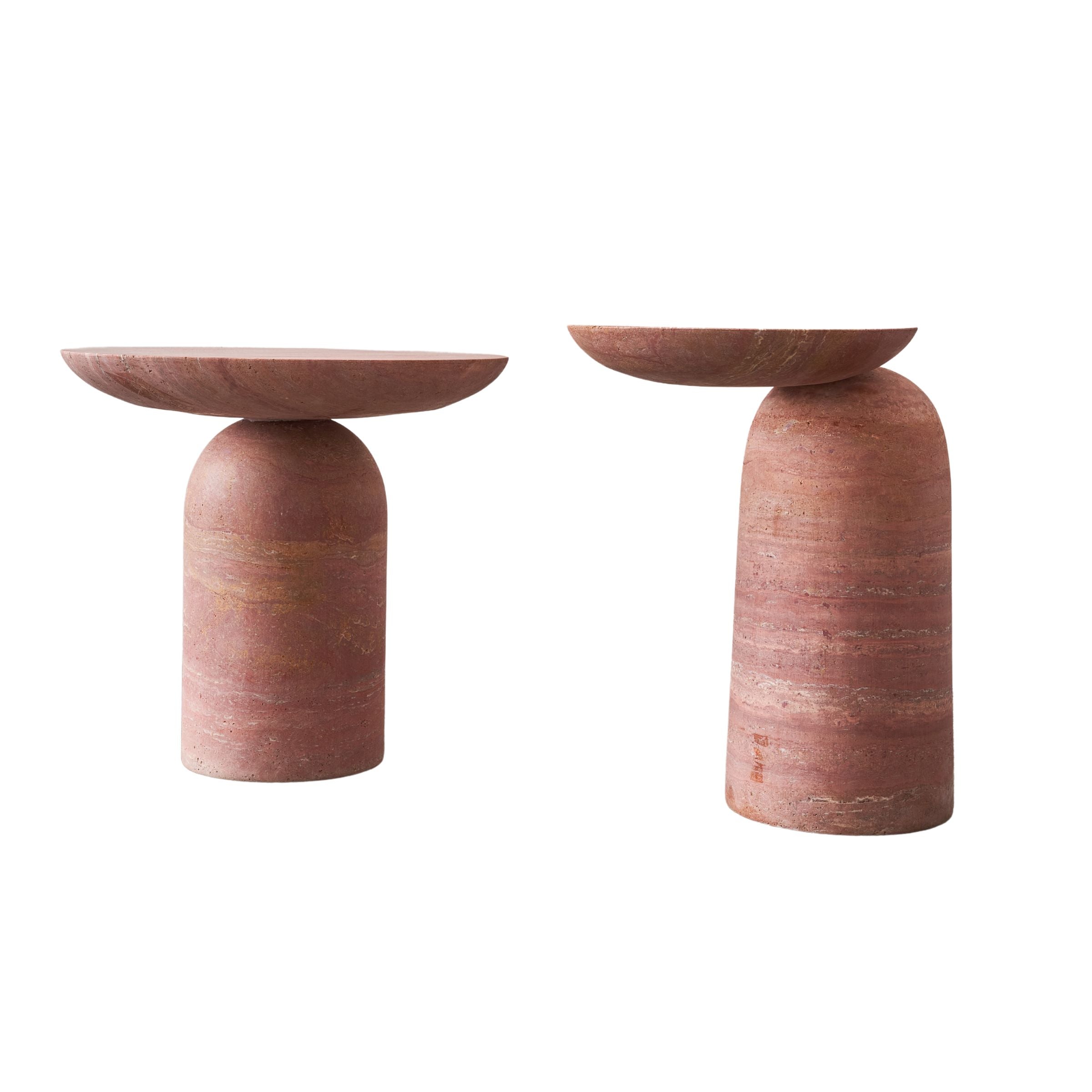 Red travertine side table by BEACON, JA009-A, featuring a sleek, polished surface with sturdy legs for modern living spaces.