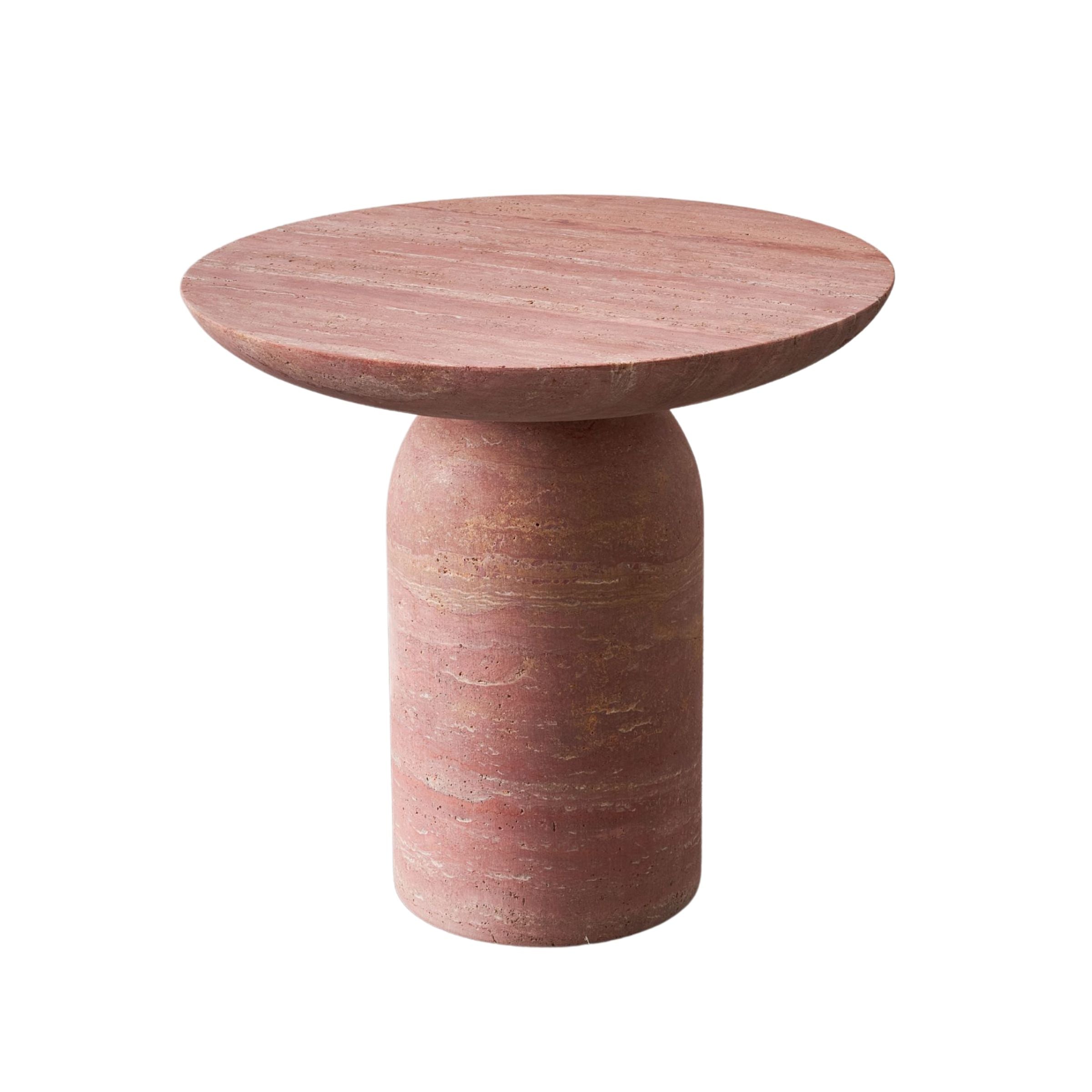 Red travertine side table by BEACON, JA009-A, featuring a sleek square design and polished surface for modern living spaces.