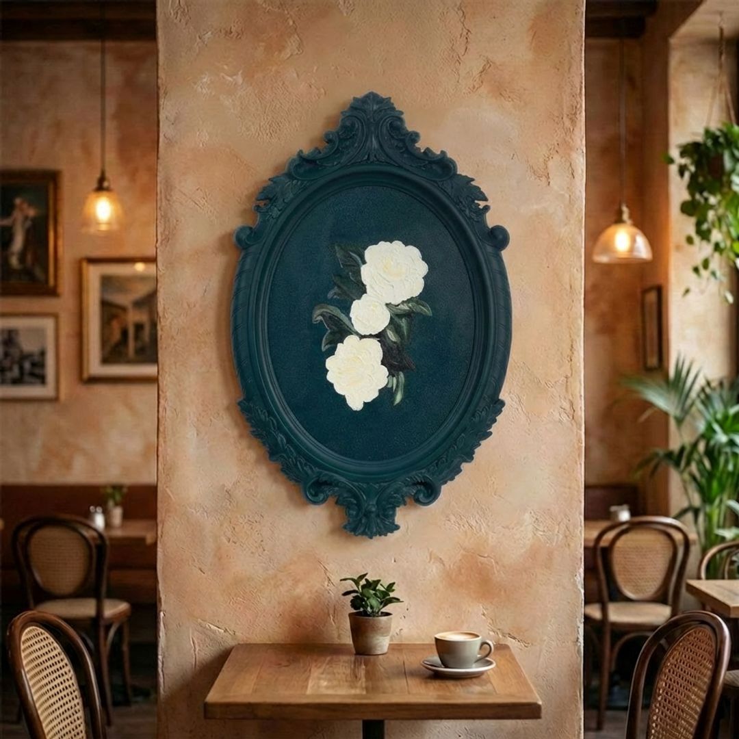 Handmade wall painting by BEACON, 48x74cm featuring abstract blue and green brushstrokes on canvas.