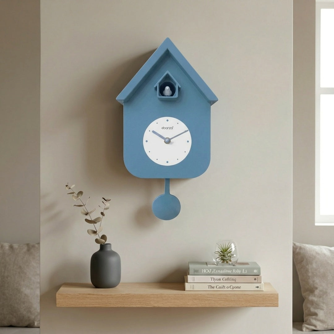 Blue plastic wall clock by Beacon, model L2842Y, featuring a round face and modern design, displayed against a white background.