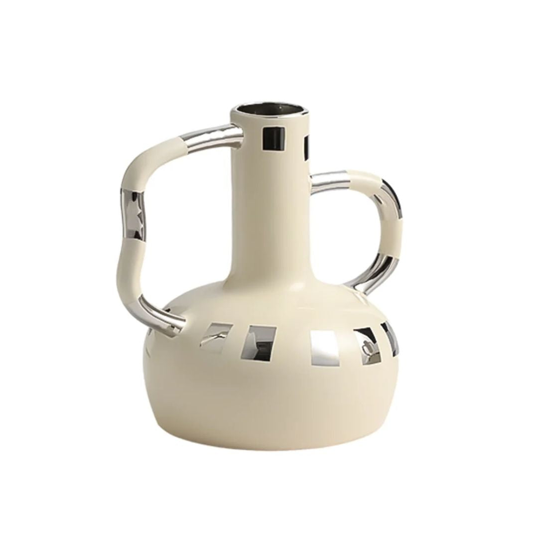 White and silver ceramic bud vase with handle detail, designed by BEACON, featuring a modern rhythm surround style.