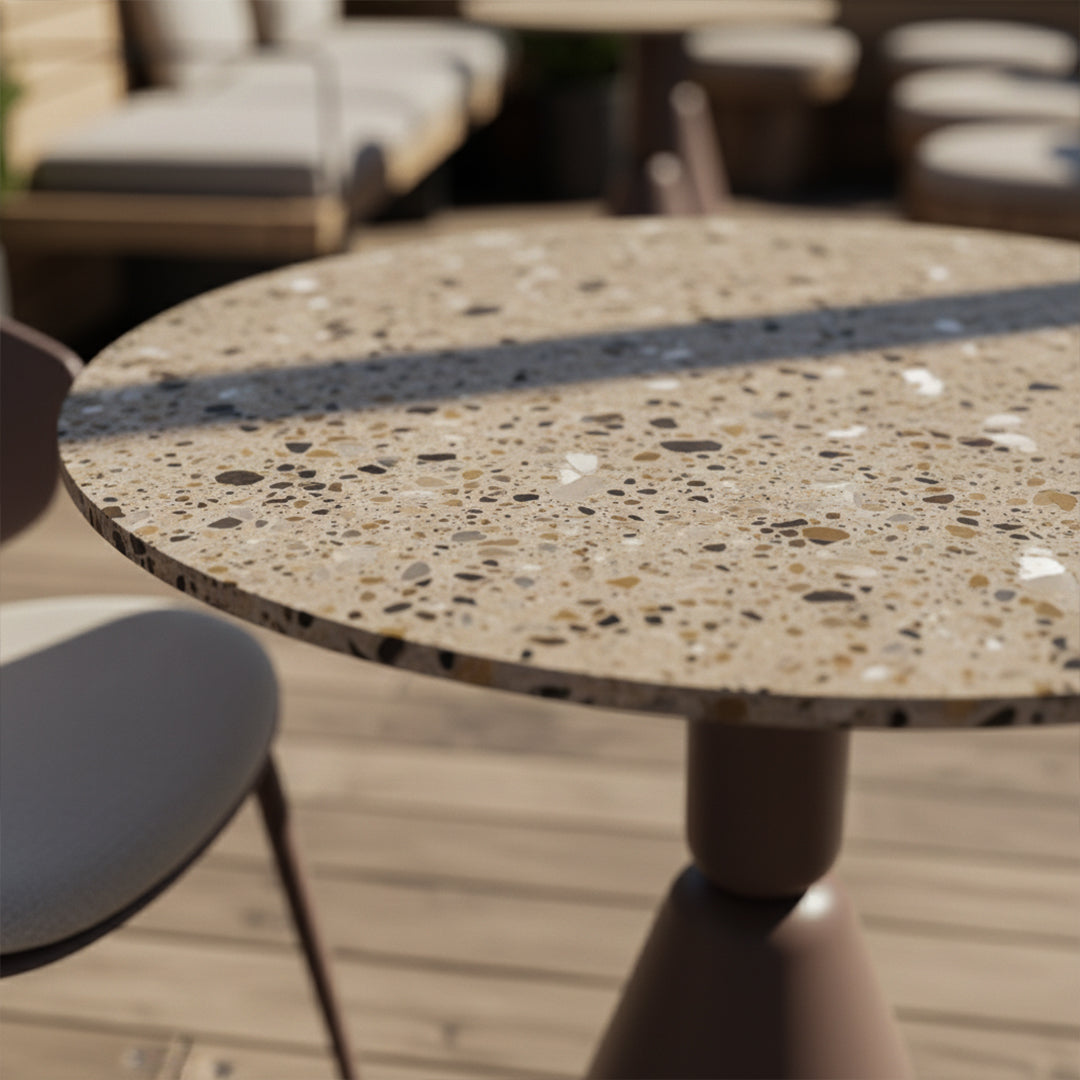Round terrazzo table top, 70 cm diameter, by BEACON, with a speckled terrazzo finish and smooth surface.