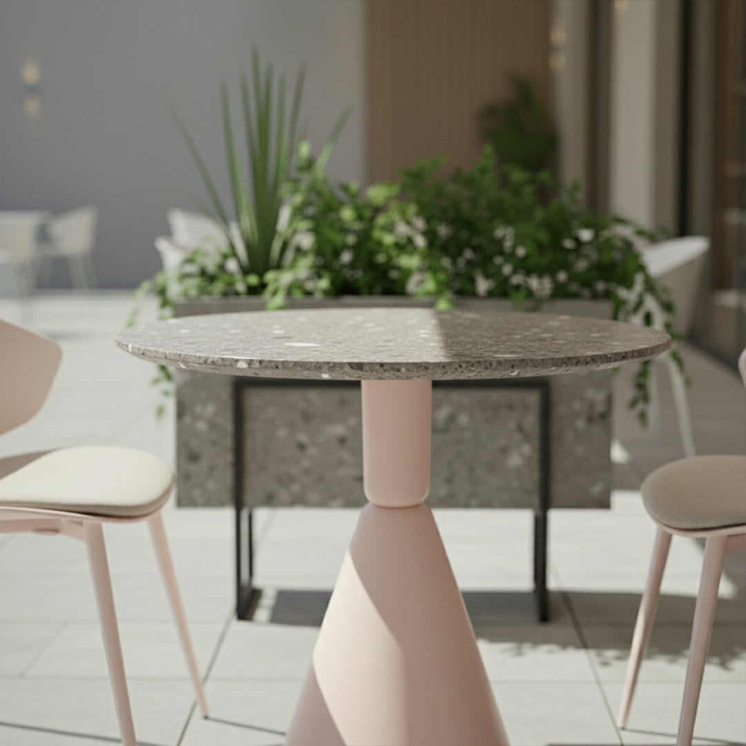 Round terrazzo table top by BEACON, 70 cm diameter, stylish and durable surface for modern table designs.
