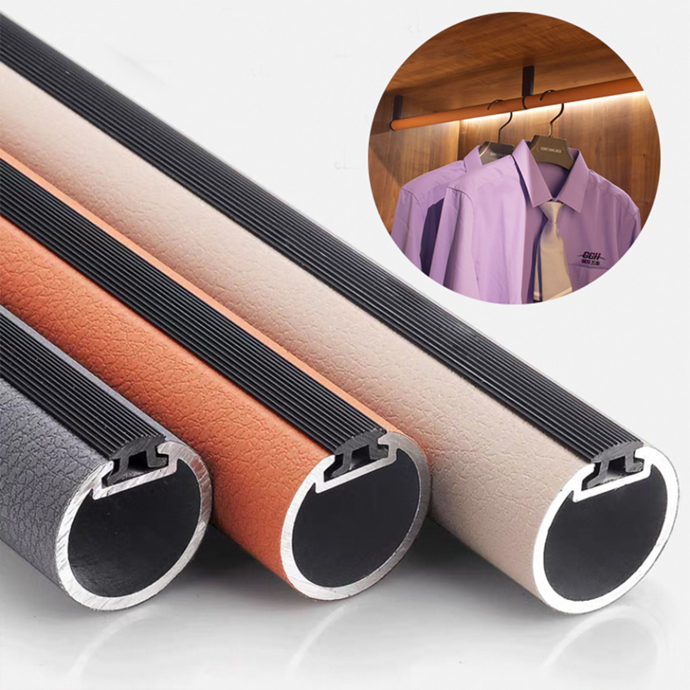 Light grey BEACON round tube cabinet cloth hangers, 29mm diameter, 3m length, ideal for organizing wardrobes.