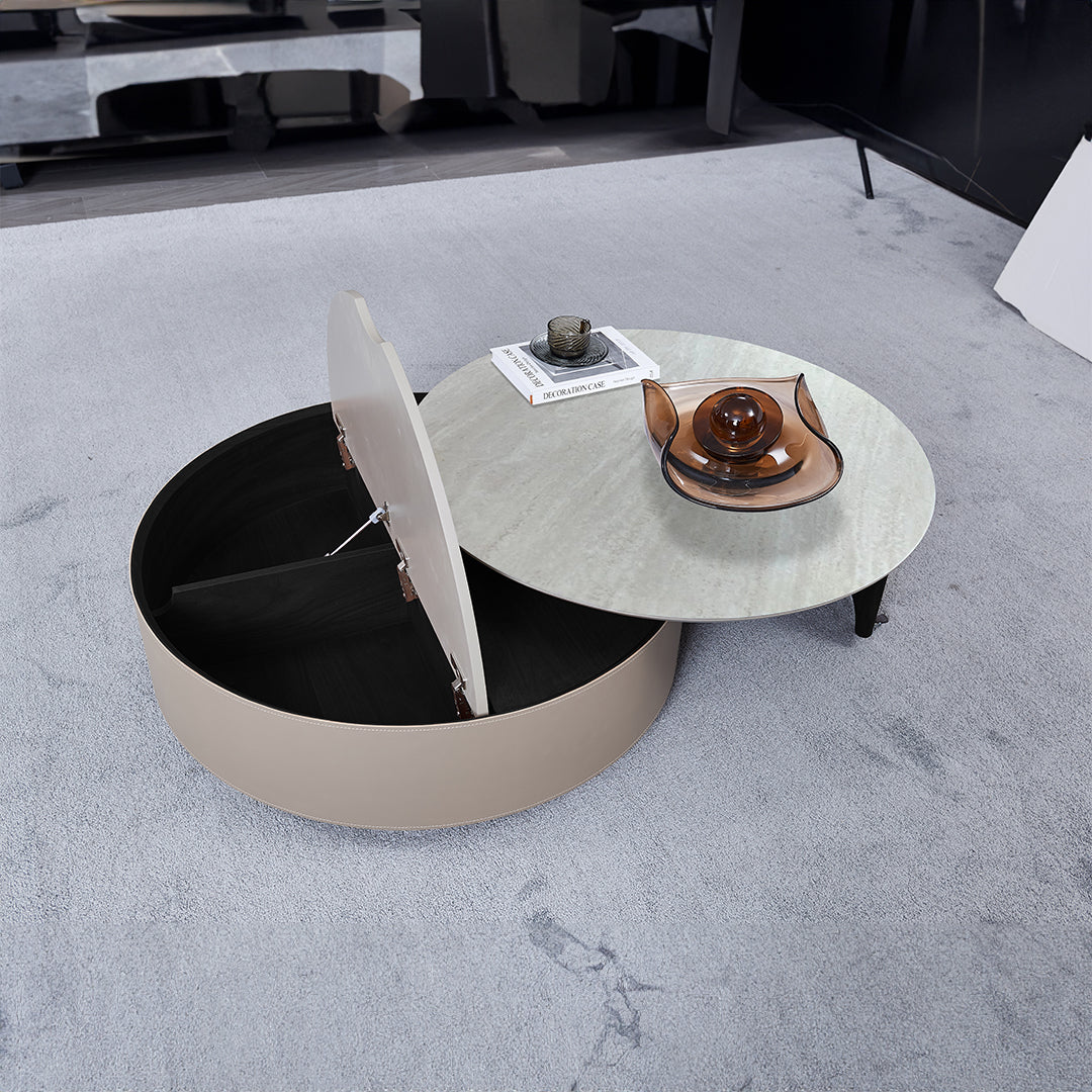 Saddle leather and marble coffee table by BEACON, featuring a modern design with a sleek surface and sturdy legs.