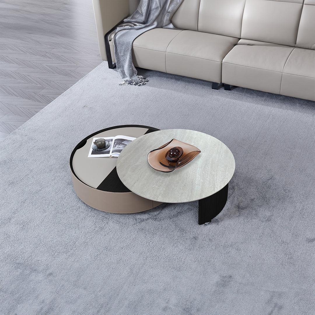 Beige saddle leather and white marble coffee table from BEACON, modern design with sleek legs and smooth surface.