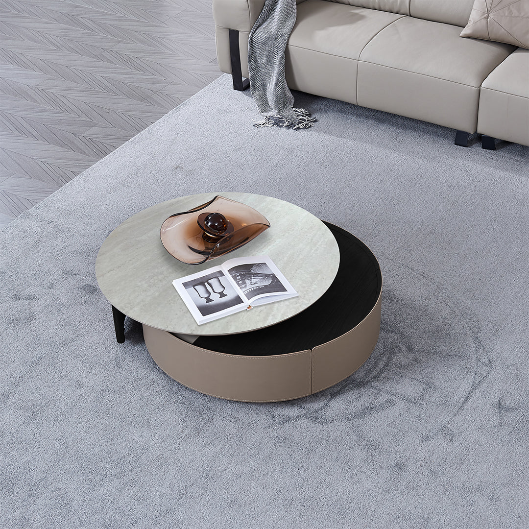 Saddle leather and marble coffee table by BEACON with a modern design, featuring a blend of leather upholstery and marble top.
