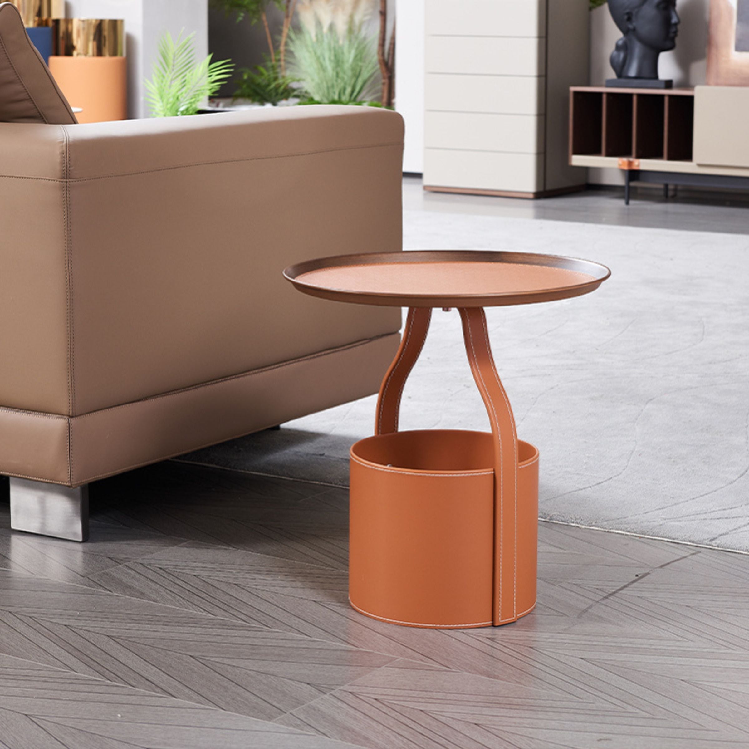 Saddle leather coffee table by BEACON with a sleek rectangular design, featuring a smooth leather surface and sturdy wooden legs.
