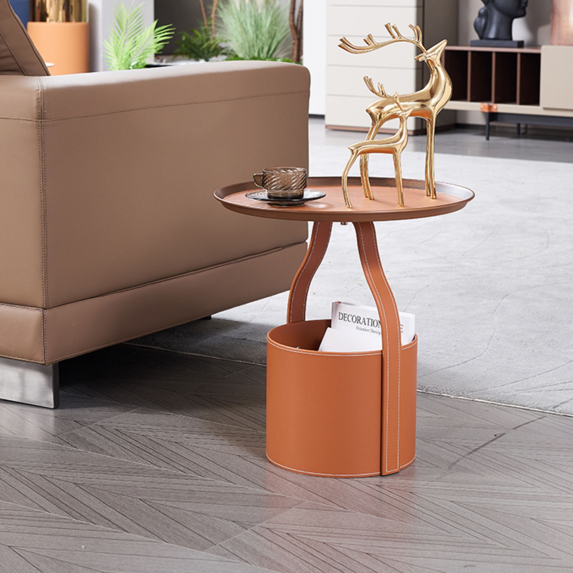 Saddle leather coffee table from BEACON featuring a sleek, modern design with a smooth leather surface and sturdy legs.
