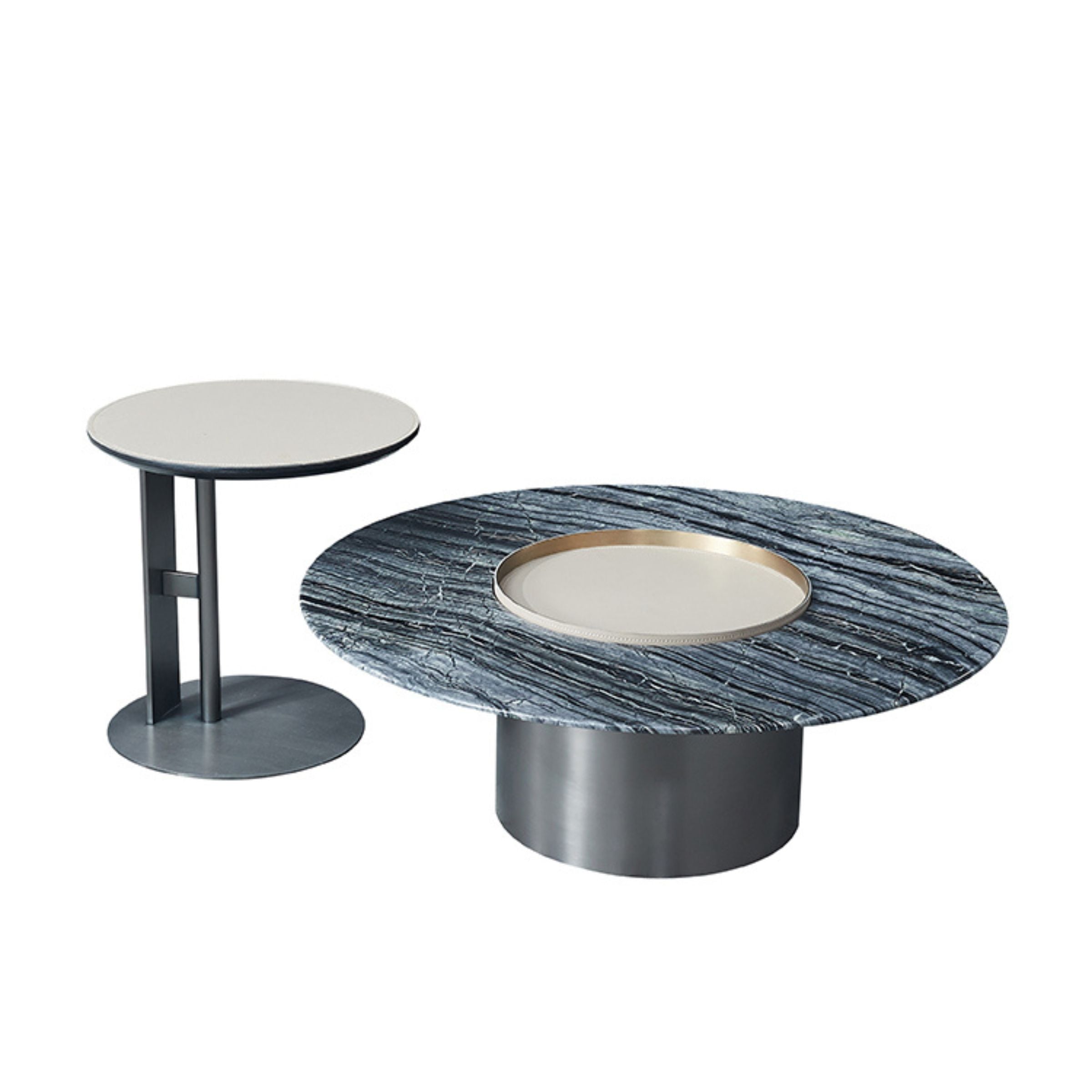 Beige saddle leather coffee table with wooden legs, modern design, from BEACON, model MLL-D68, in a contemporary living room setting.