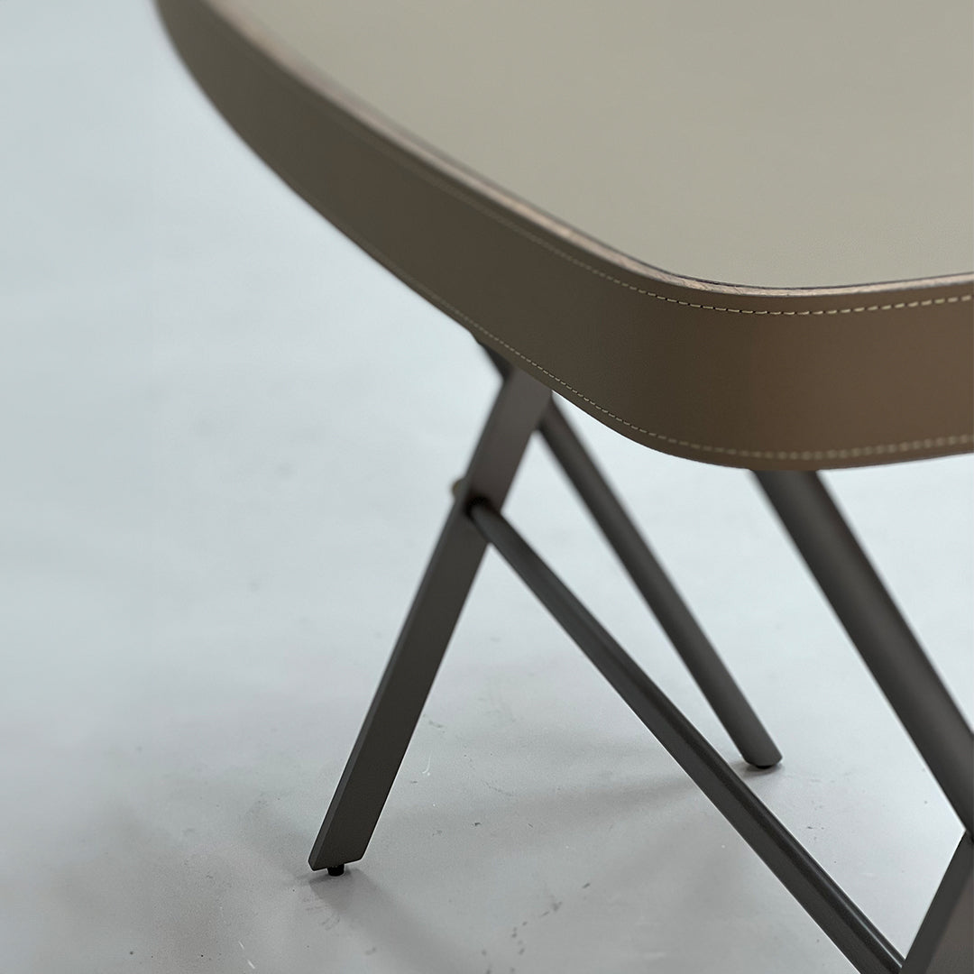 Saddle leather office desk by BEACON, model JK-J13, featuring a sleek, modern design with a smooth leather surface and sturdy wooden legs.