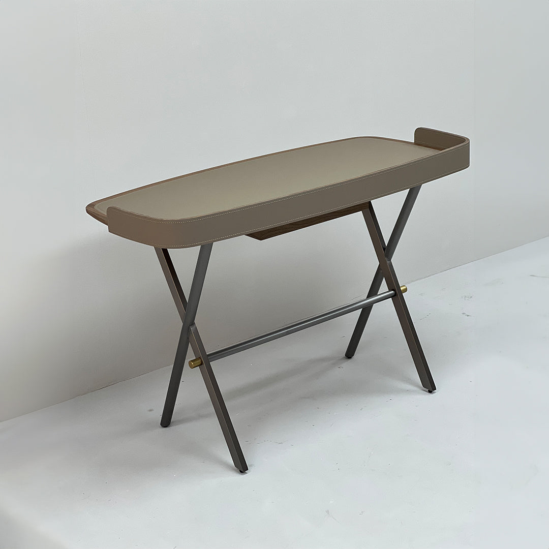 BEACON Saddle Leather Desk JK-J13, elegant office desk with saddle leather surface and sturdy wooden frame.