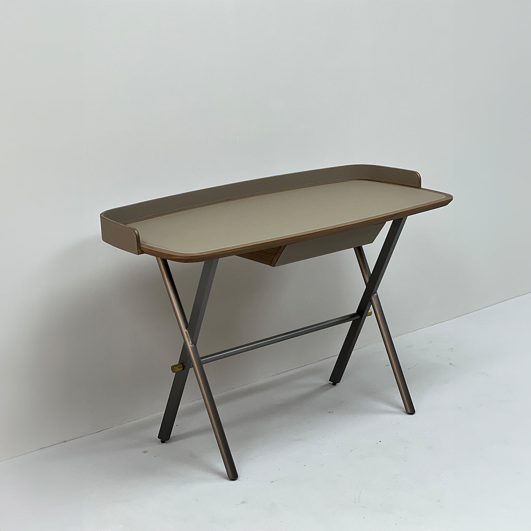 BEACON Saddle Leather Desk JK-J13 office desk with rich saddle leather surface and sturdy wooden legs, ideal for modern office spaces
