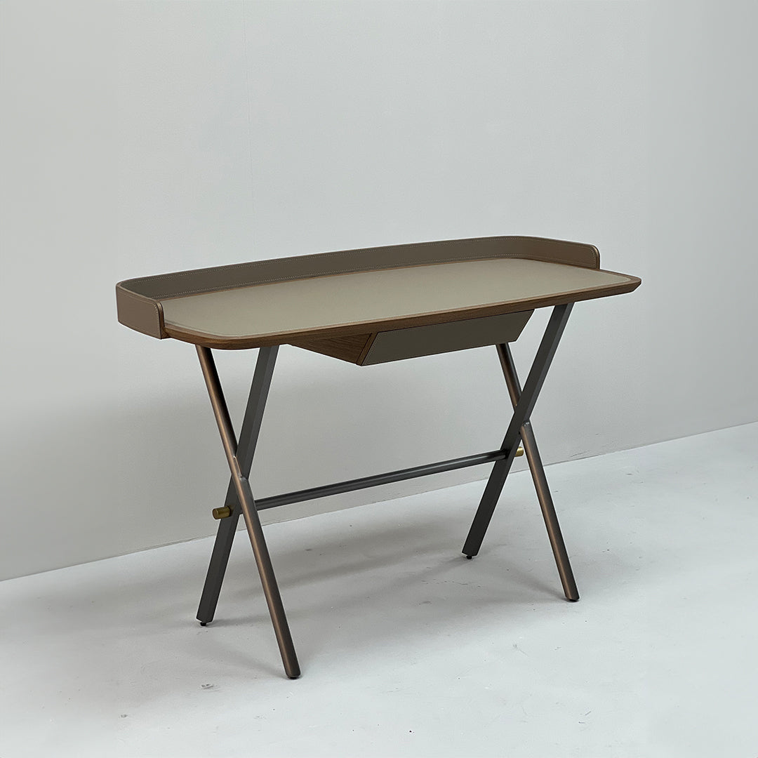 BEACON Saddle Leather Desk JK-J13 for office, featuring a sleek saddle leather surface and modern wooden legs.
