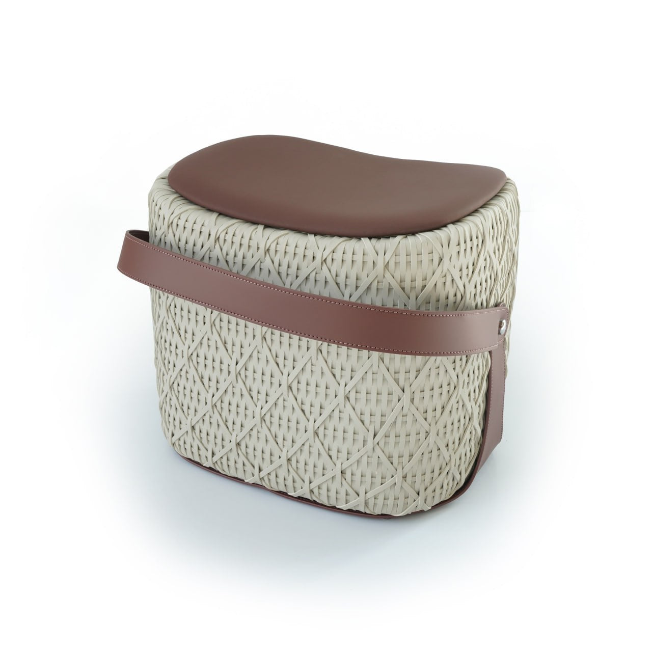 Beige saddle leather Ottoman pouf by BEACON, featuring a stylish and cushioned design for living room decor.