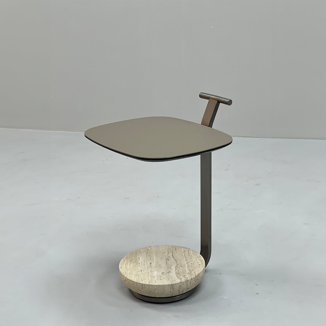 BEACON saddle leather side table JK-D148 with sleek design, featuring smooth saddle leather surface and sturdy wooden legs.