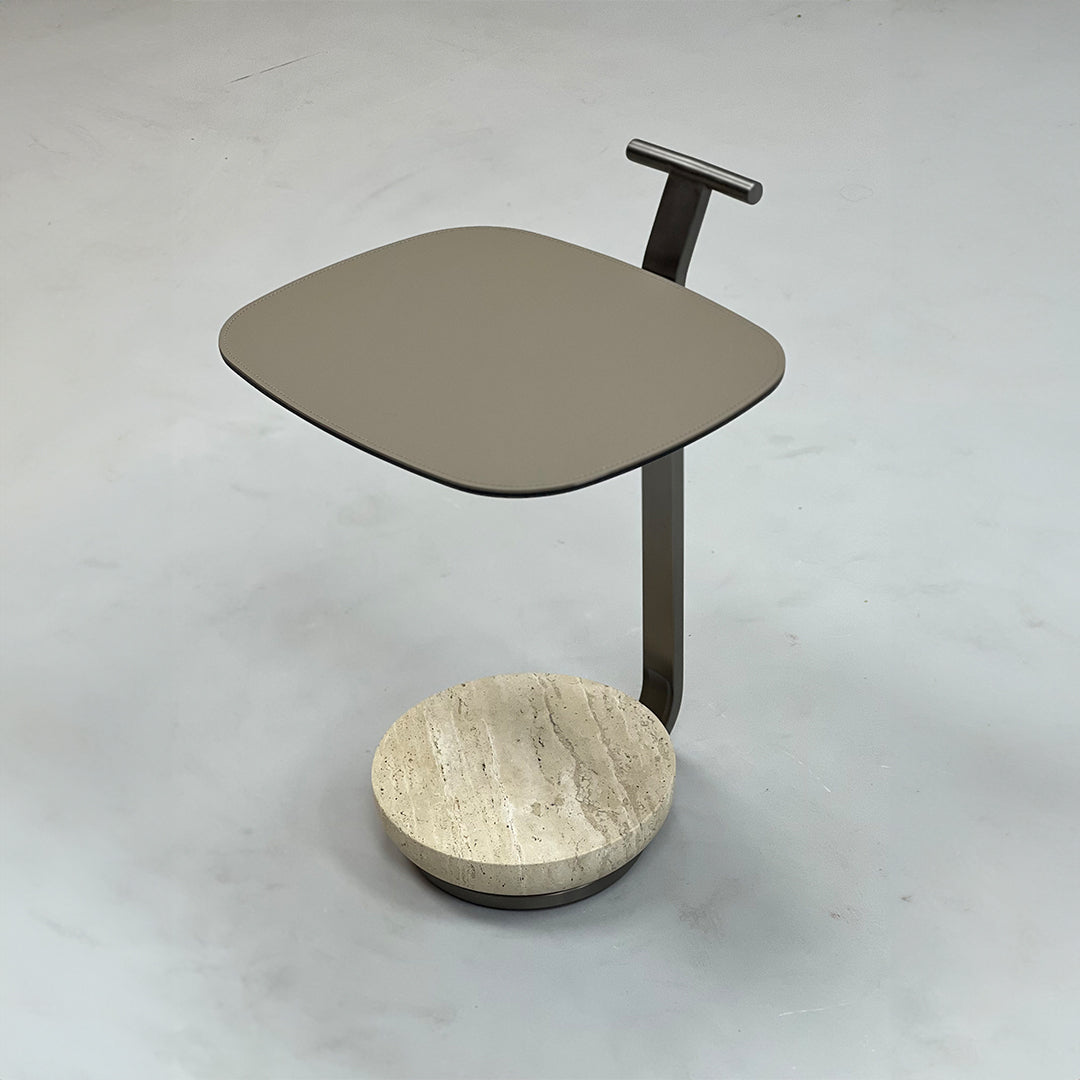 Saddle leather side table with wooden legs, modern design by BEACON, perfect for living room or bedroom decor.