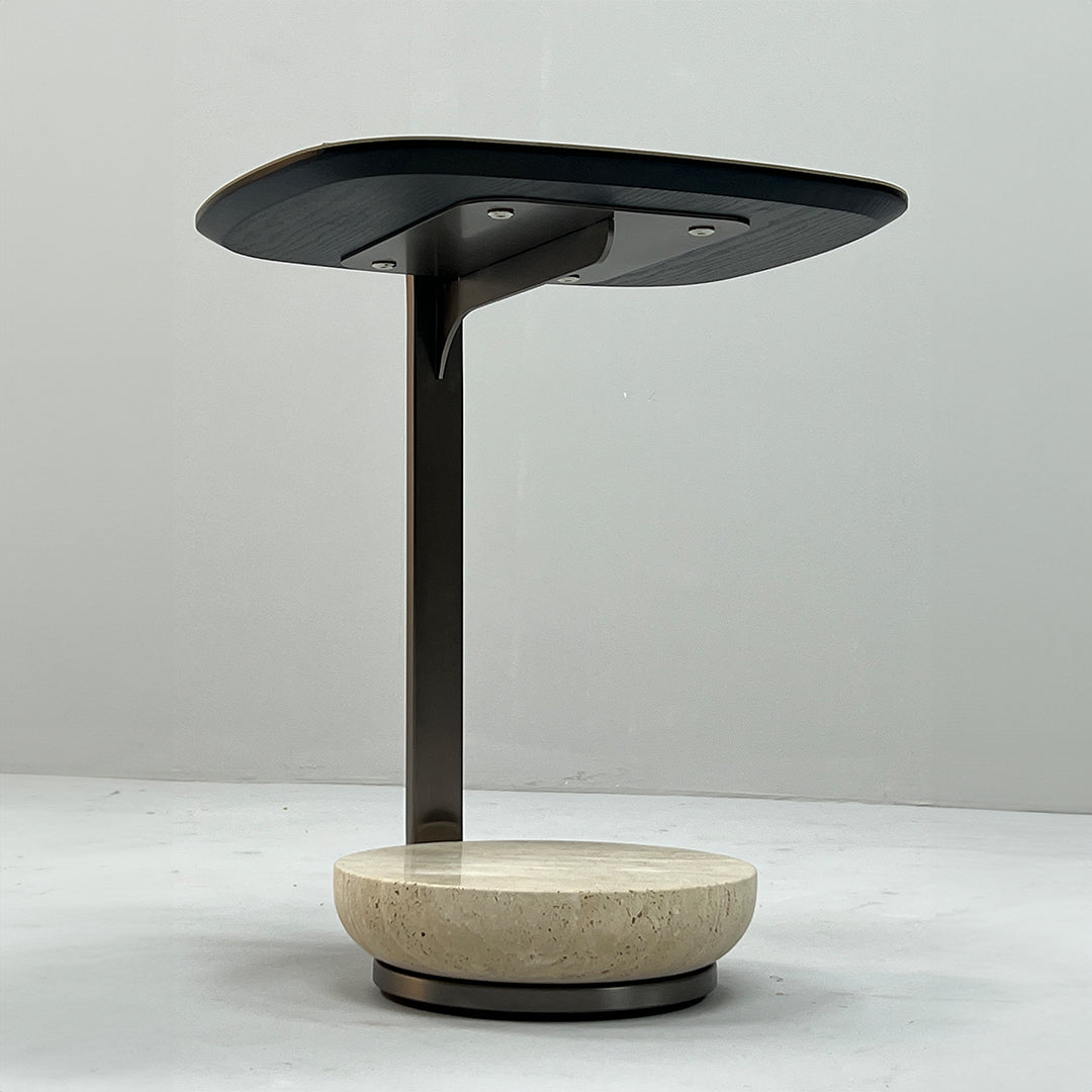 Saddle leather side table by BEACON featuring a sleek, modern design with smooth leather surface and sturdy wooden legs.