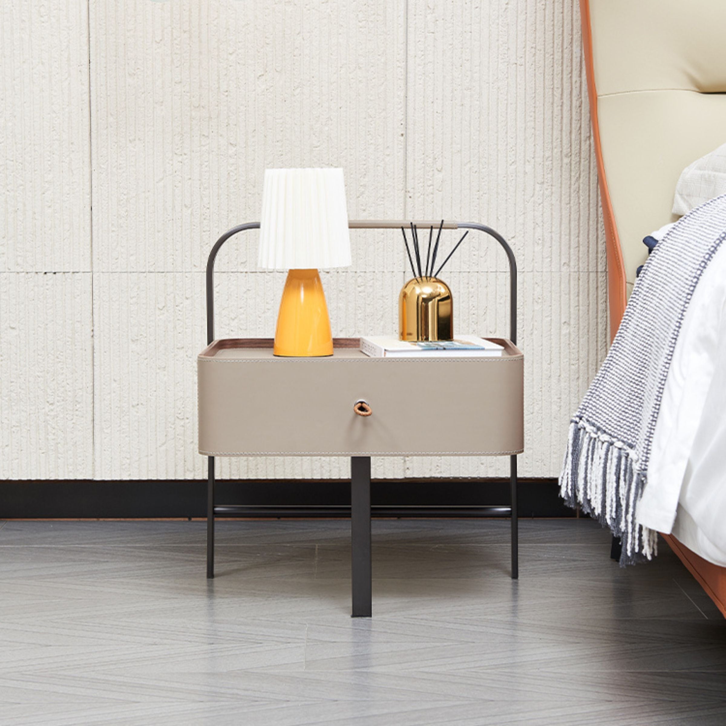 BEACON Saddle Leather Side Table MLL-E10 with sleek design, featuring saddle leather surface and sturdy wooden legs.