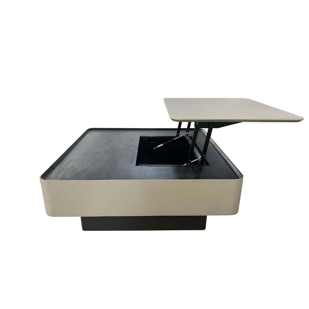 Saddle leather veneer coffee table with a sleek modern design, featuring a rectangular shape and smooth surface.