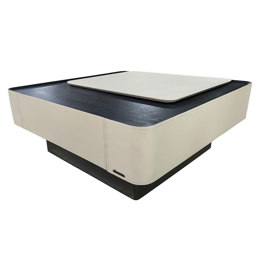 Saddle leather veneer coffee table with sleek wooden legs, modern design, part of BEACON MLL-D110 collection.