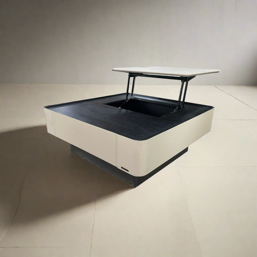 Saddle leather veneer coffee table with modern design, featuring a sleek rectangular shape and wooden legs by BEACON.