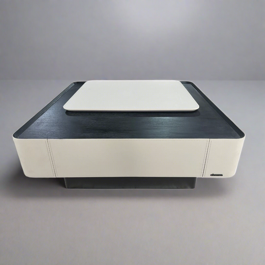 BEACON saddle leather veneer coffee table MLL-D110 with wooden legs, modern design, and smooth leather surface.