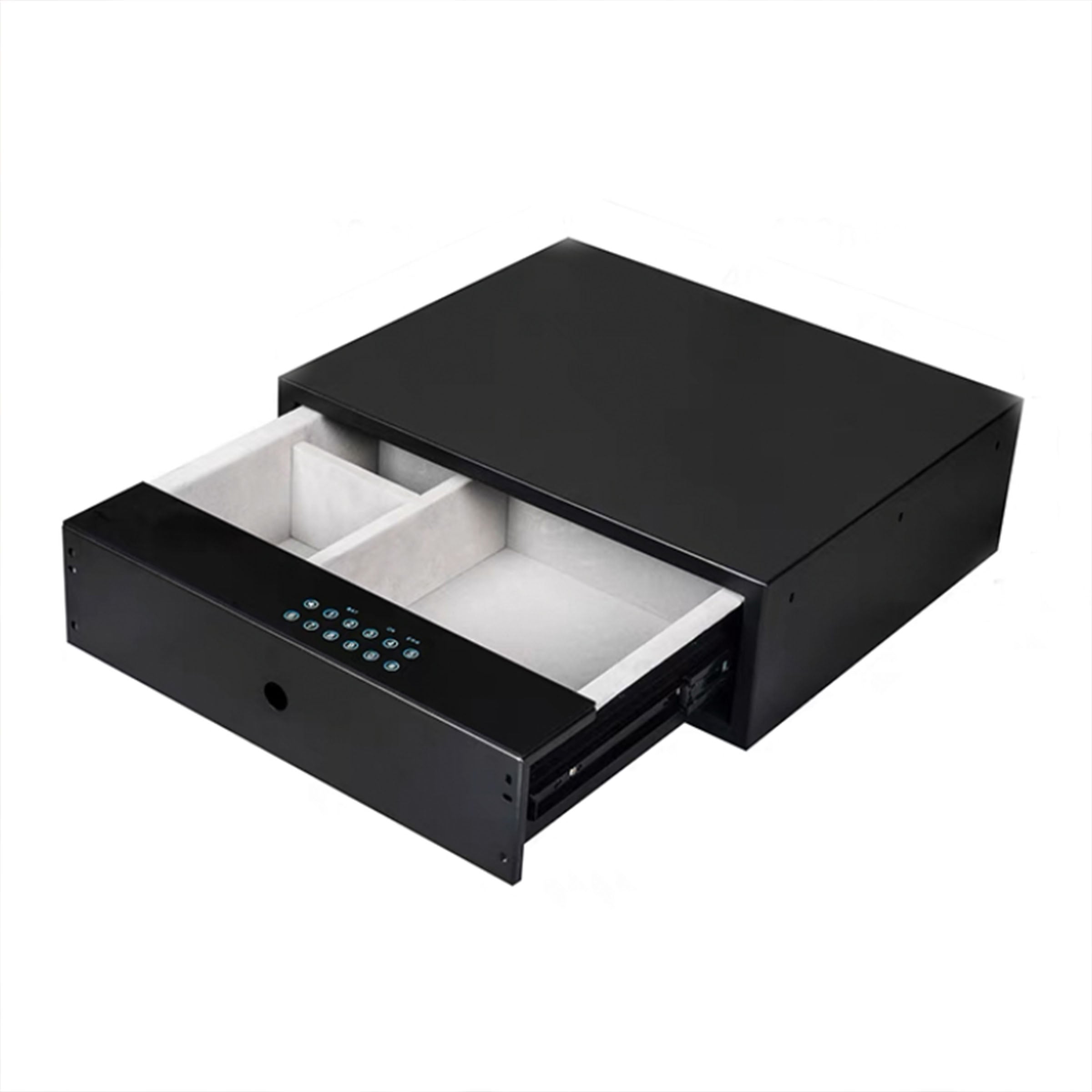 Black BEACON safe box with digital password keypad, extraction feature, 464mm height, 400mm width, 150mm depth.