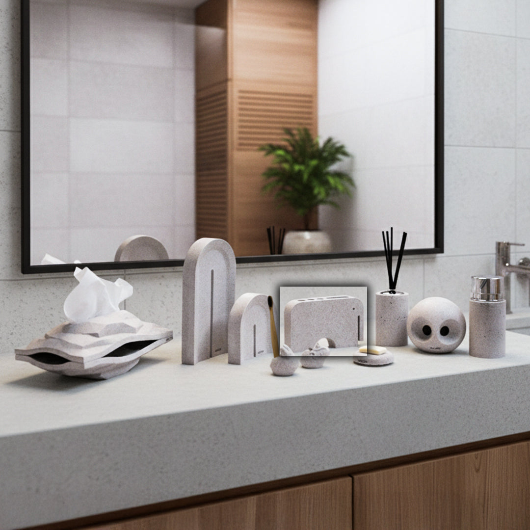 BEACON Sahara Elephant toothbrush holder, beige ceramic bathroom accessory with elephant design, fits standard toothbrushes.