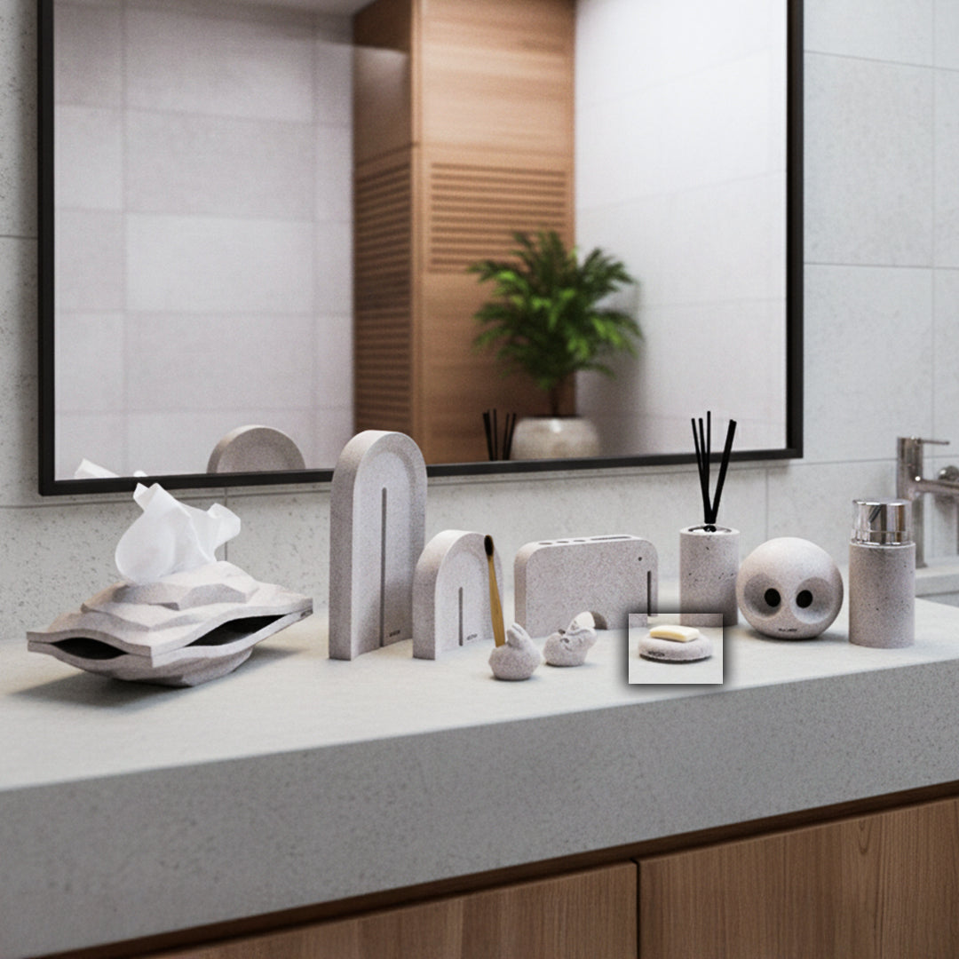 BEACON Sahara Sandstone soap dish from Couverture CBJ233-6, a stylish bathroom accessory with natural stone finish.