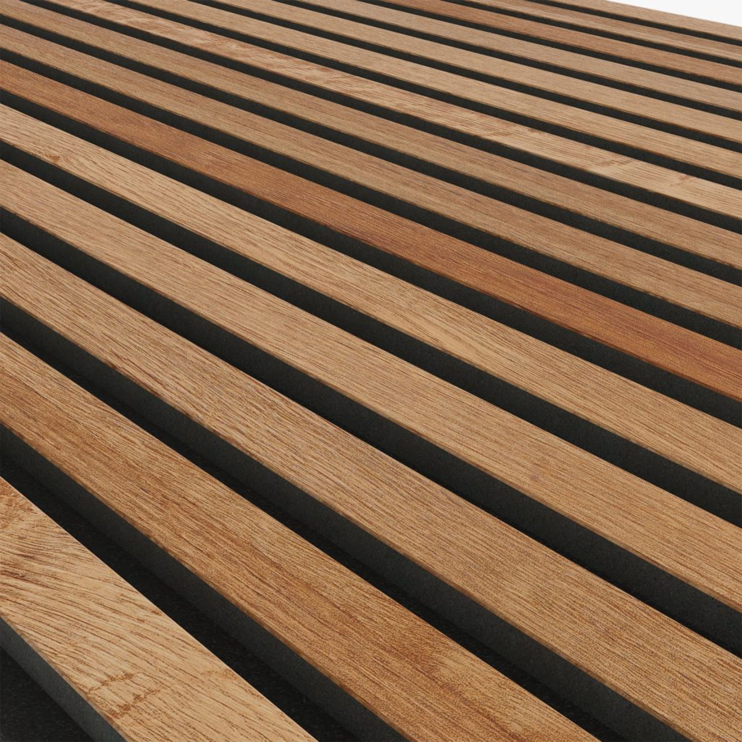 Sample of BEACON walnut oak slat acoustic wall panel, 280x60x2.1cm, fire-retardant decorative panel for interior walls.