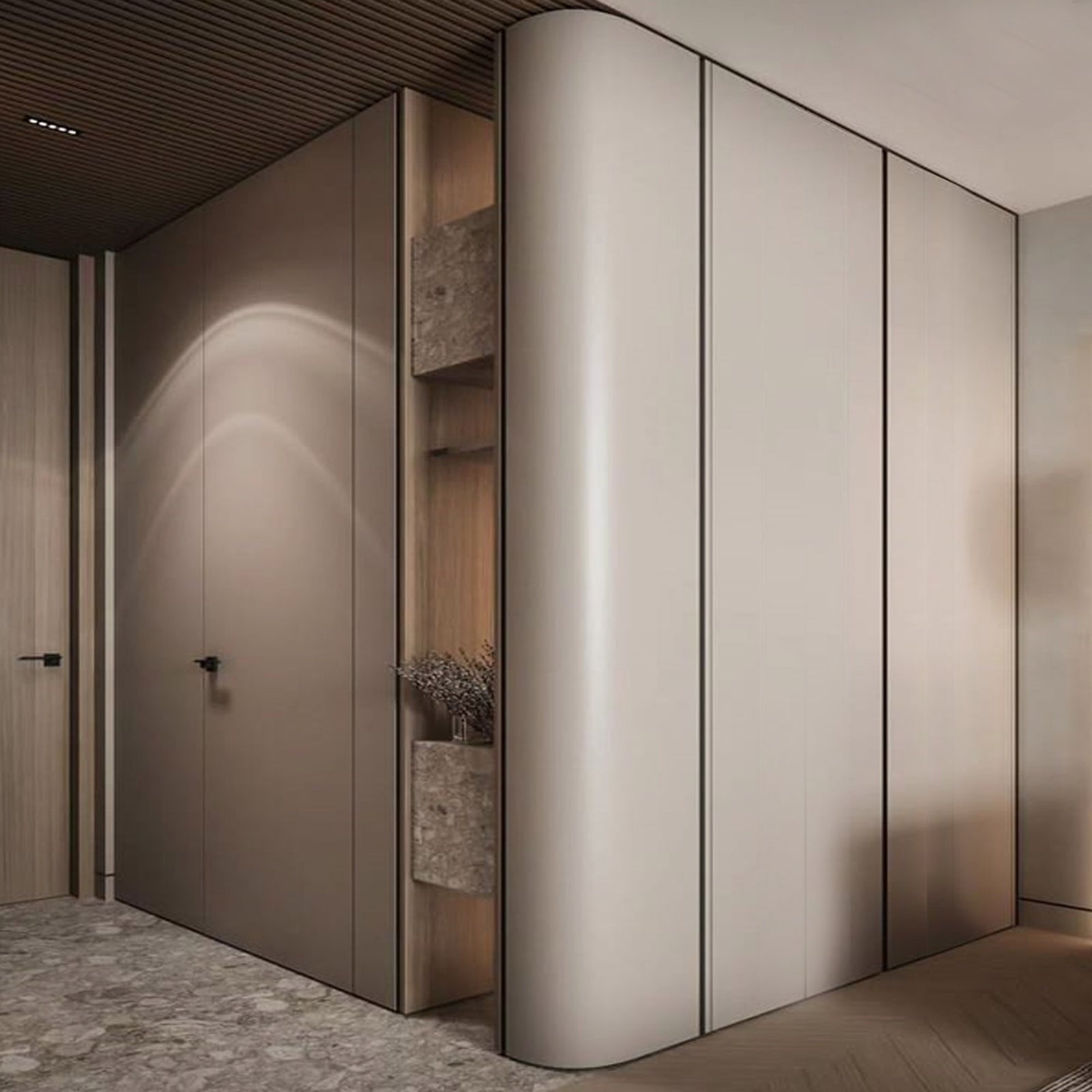 WPC wall panel with BB stitching in Milk Tea Y color, scratch-resistant, 122x320cm, by BEACON, showcasing a multi-purpose decorative wall panel.