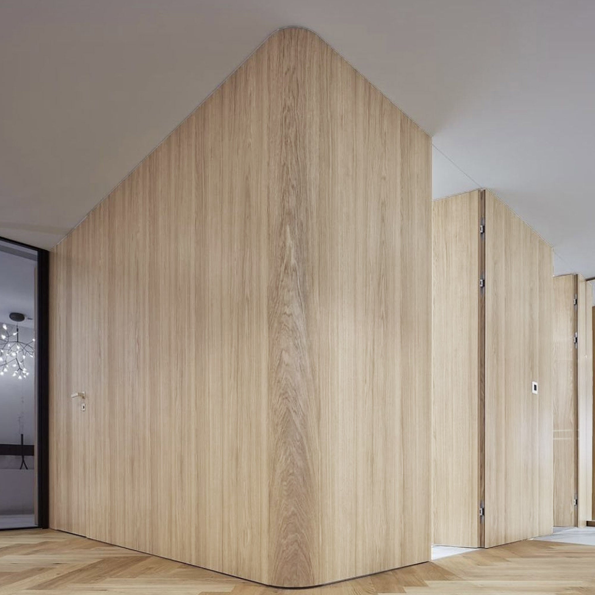 Sample of BEACON walnut WPC wall panel in Baikal Walnut H with stitched edges, 122x320cm, showcasing wood grain and wall decoration style.