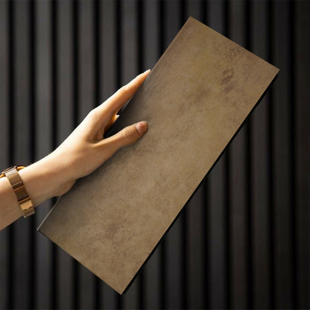WPC wall panel sample in coffee brown, 350x24cm, four-sided wrapped, from BEACON multipurpose decor panel collection.