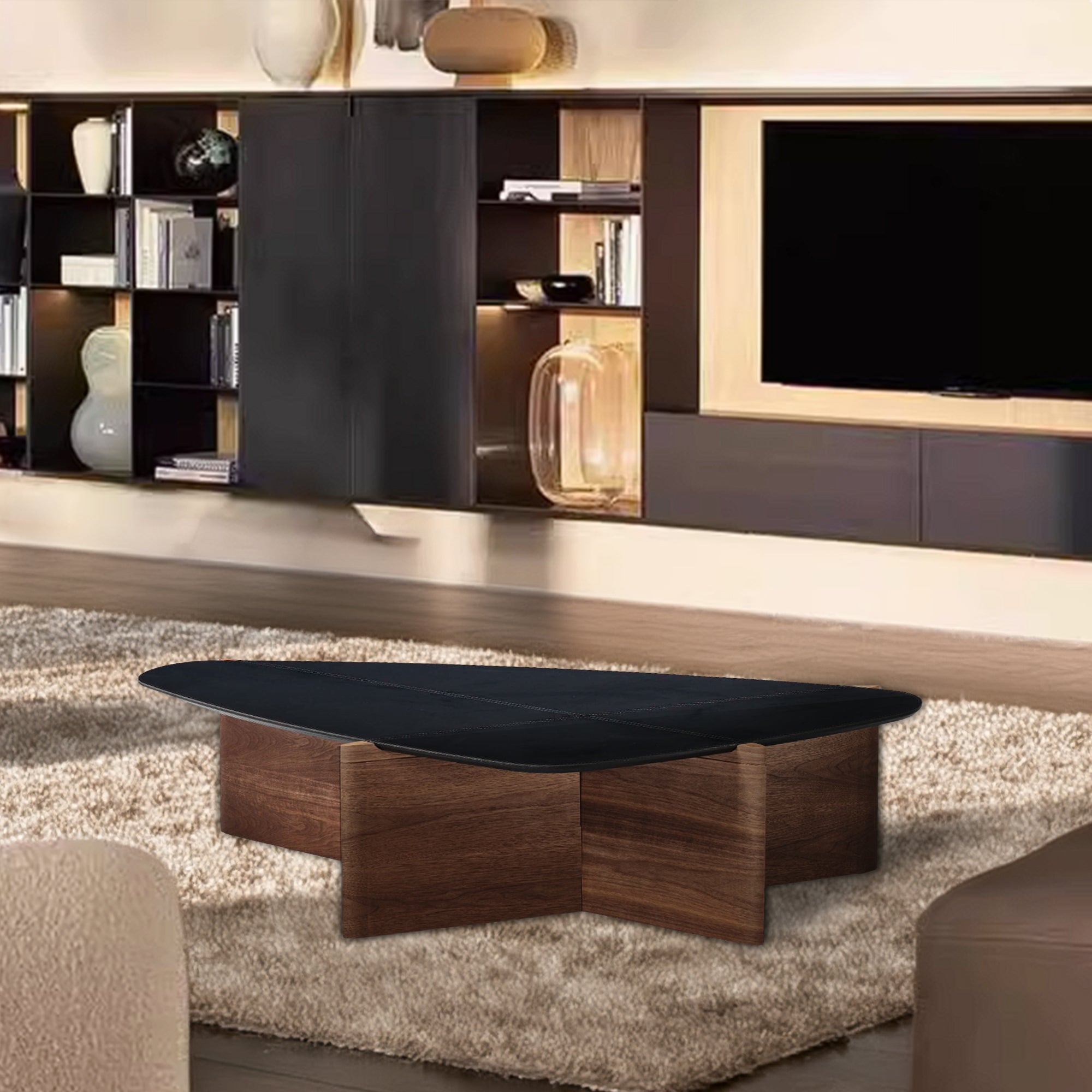 Seina Saddle Leather Top Coffee Table by BEACON, modern design with leather surface and wooden legs, stylish living room furniture