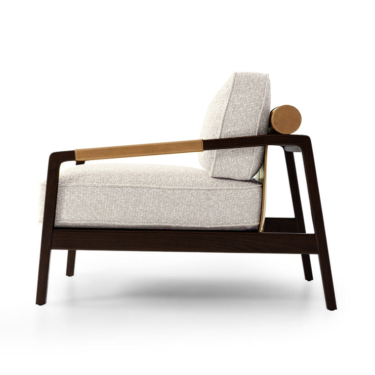 BEACON Serenity Lounge Chair MLL-A111 in beige fabric with wooden legs, modern design and plush cushioning for comfortable seating.