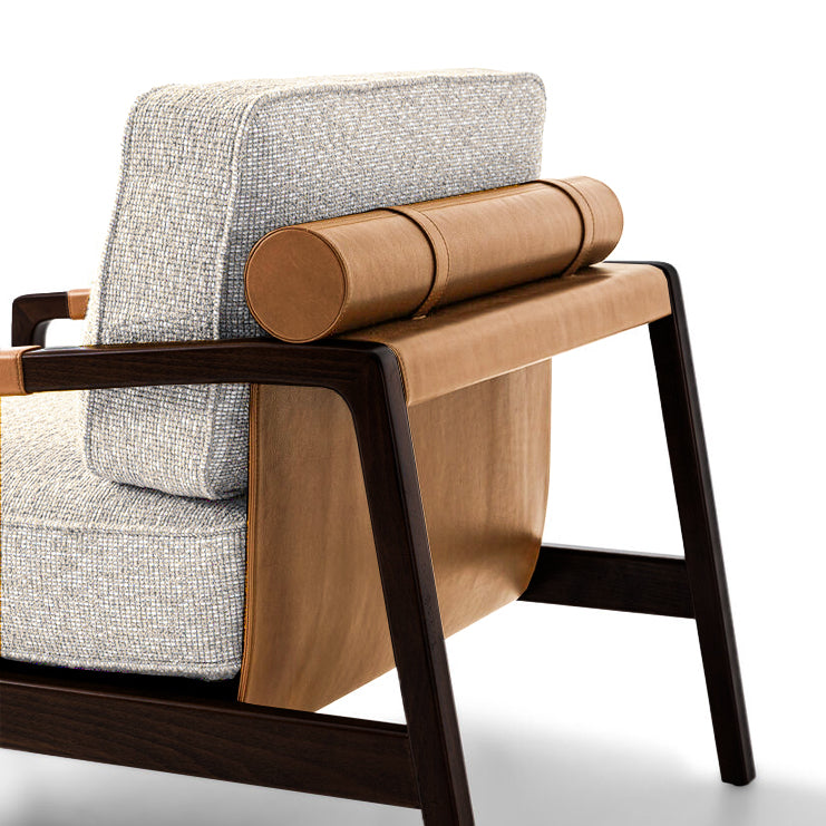BEACON Serenity Lounge Chair MLL-A111 with padded fabric seat and curved wooden arms, modern design for comfortable relaxation.