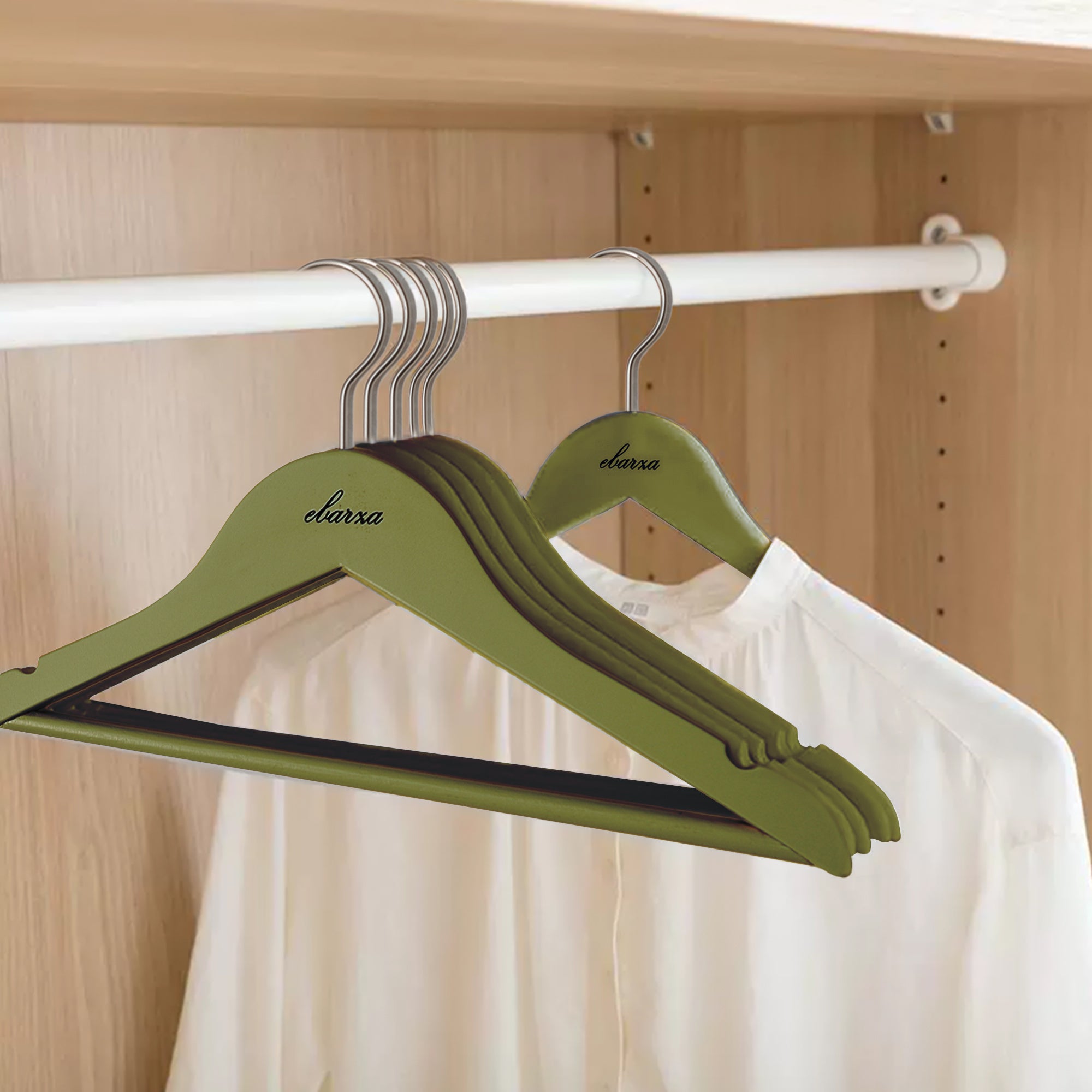 Set of 3 lotus wood kids hangers with olive green finish, lightweight and durable, designed for children's clothing storage.
