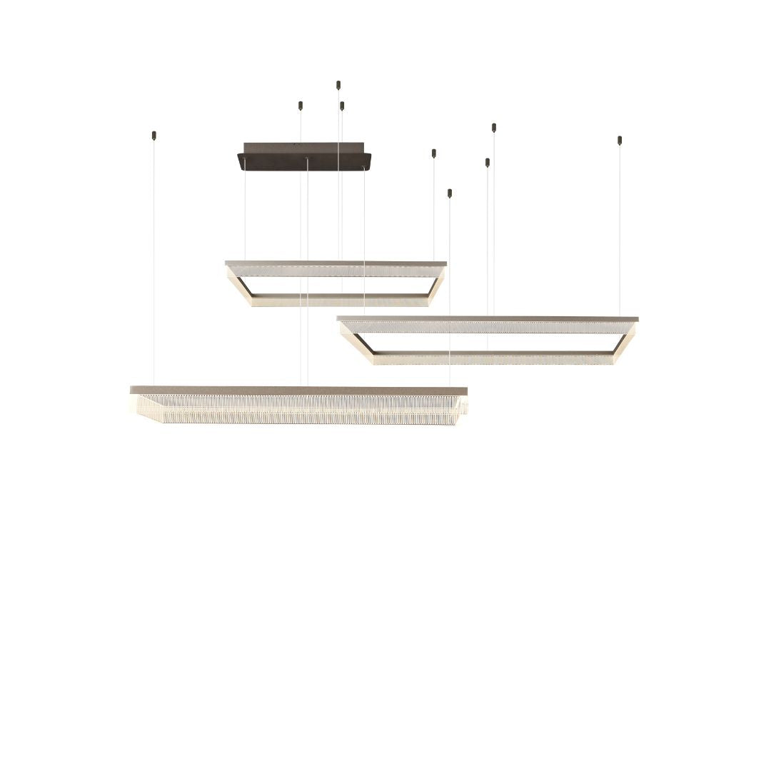 Set of 3 BEACON Lustro glass pendant lamps, modern lighting fixtures with clear glass shades and sleek design.