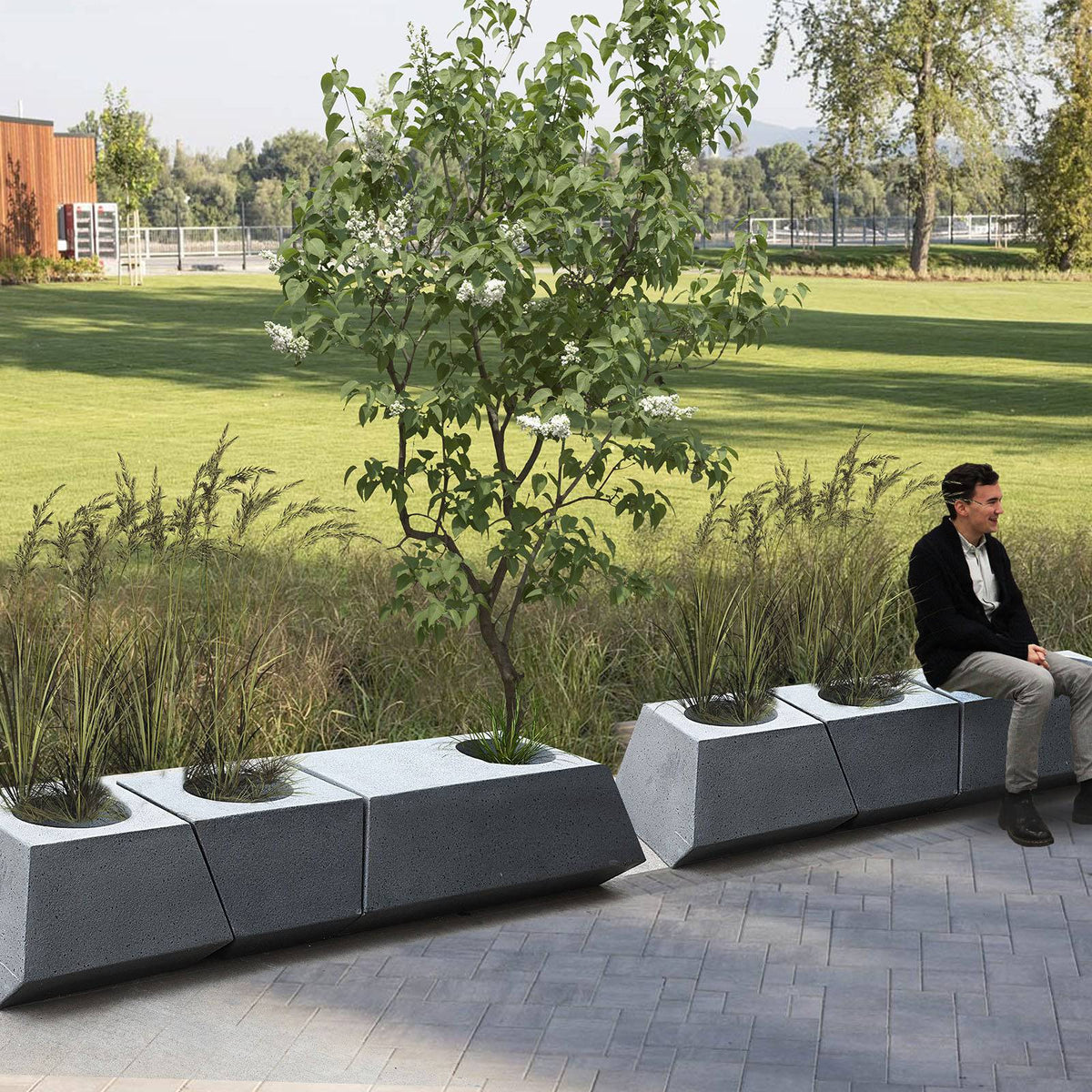 Set Of 3 Outdoor/Indoor Fiberglass Concrete Planter Box And Bench Xk ...