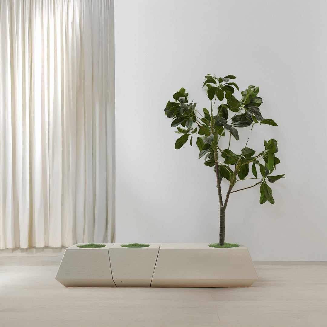 Set of 3 beige fiberglass concrete planter boxes and benches for outdoor and indoor use, by Beacon HWDG.