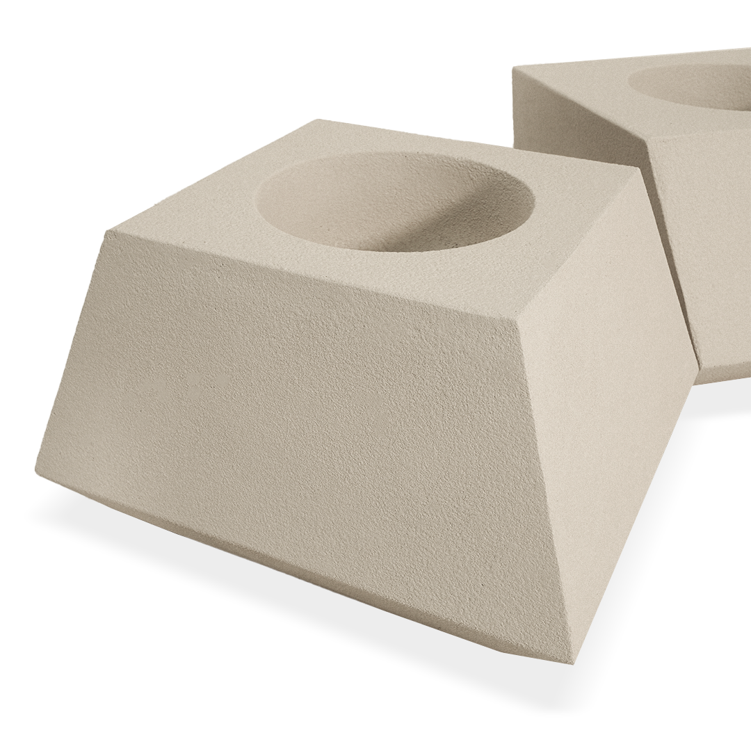Set of three beige fiberglass concrete planter boxes and benches for outdoor or indoor use, stylish and durable design.
