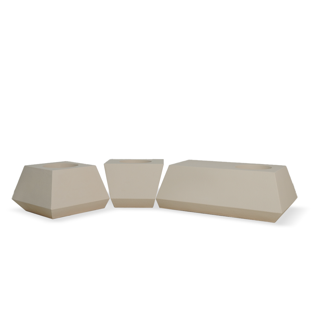 Set of 3 beige fiberglass concrete planter boxes and bench for outdoor or indoor use, by BEACON (HWDG).